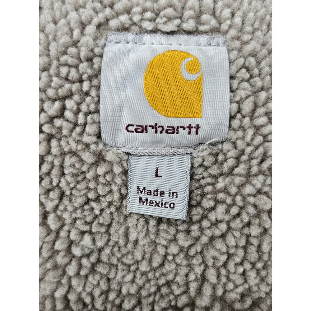 Distressed Carhartt Mens Sherpa Lined Sandstone Duck Vest Tan L Canvas V-Neck